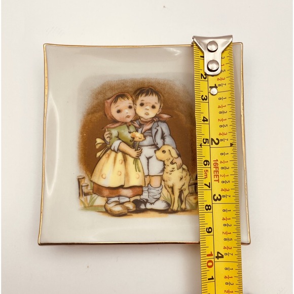 Vintage Goebel Hummel Style Porcelain Plate Trinket Dish Children Dog Gold - Picture 4 of 6
